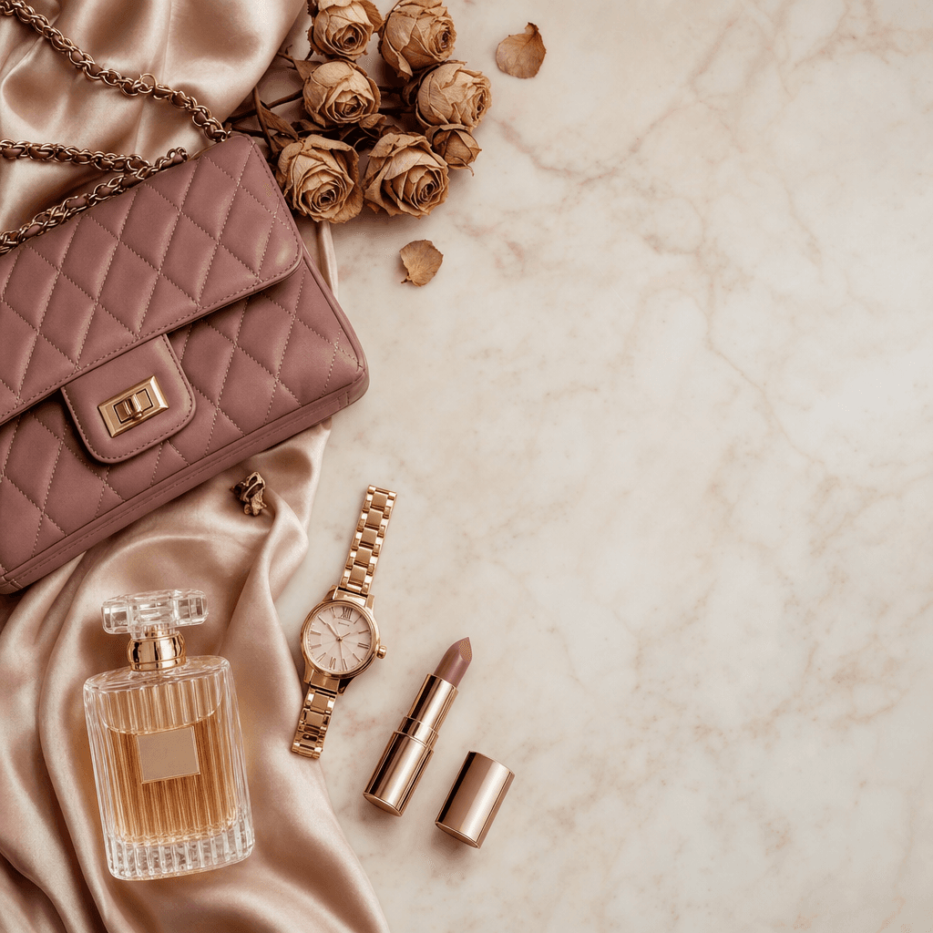 Curated beauty and accessory flat-lay
